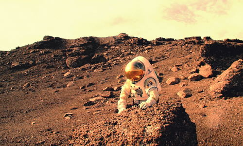 Representación de un astronauta en la superficie marciana